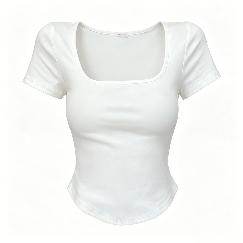 

Women s Square Neck Short Sleeve T-Shirt, Slim Fit Irregular Hem Stretchy Top One size