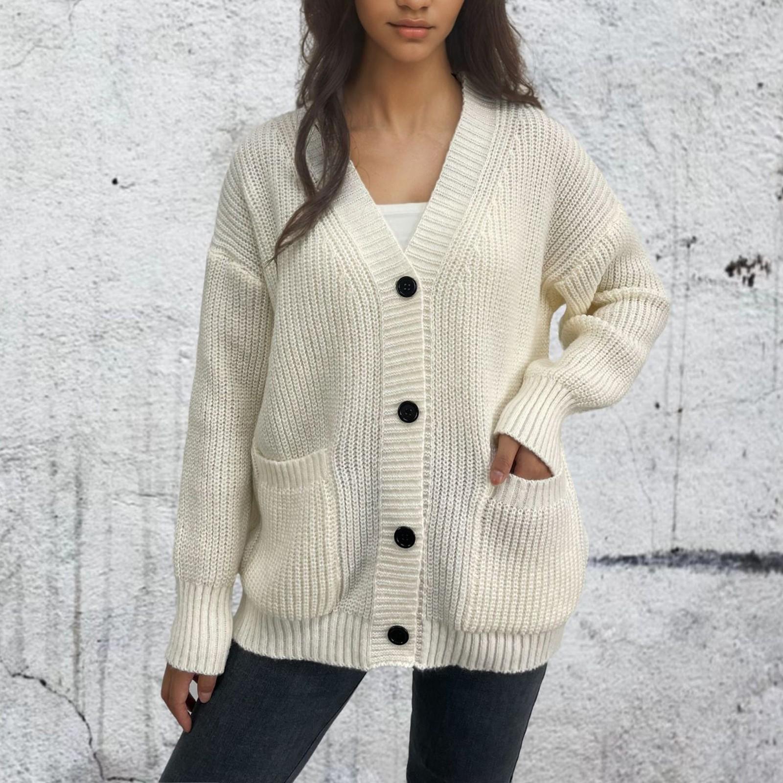 

Женская мода однотонный вязаный кардиган с карманами на пуговицах пальто свитер M белый