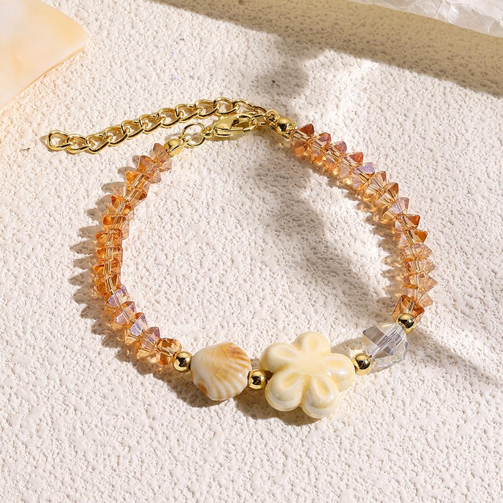 Handmade Ceramic Starfish Snail Beaded Bracelet With Sweet Crystals Accent Adjustable Length for Women Girls