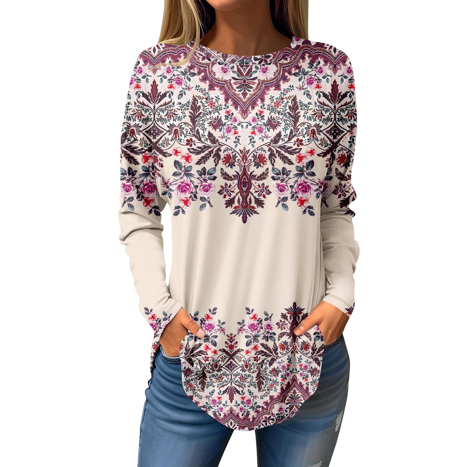 

Футболки для женщин, осенние повседневные рубашки с длинным рукавом, толстовка с рождественским принтом, топ, пуловер L бежевый