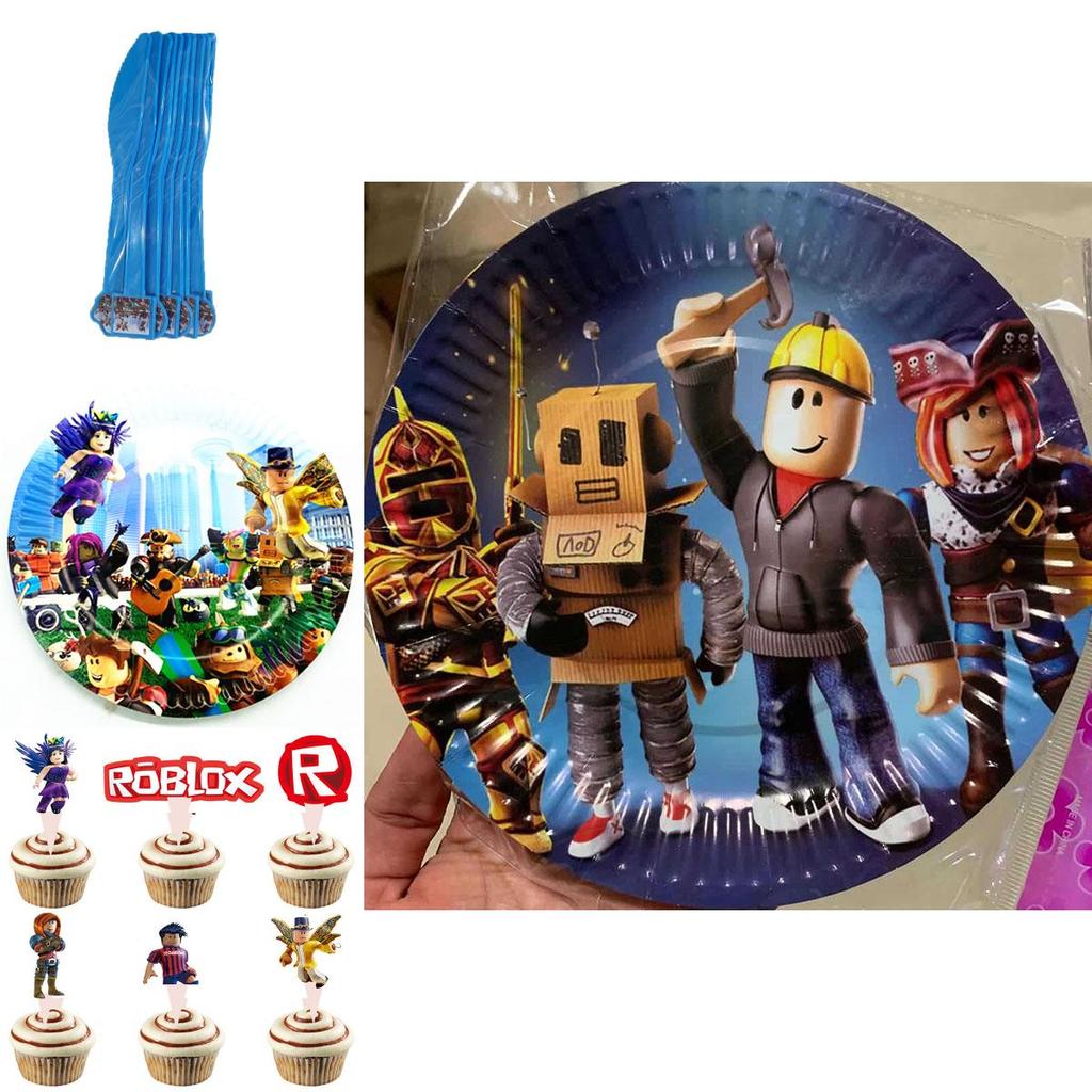 Suprimentos vibrantes para festa temática Roblox para celebrações de aniversário de crianças com banners e toppers de bolo