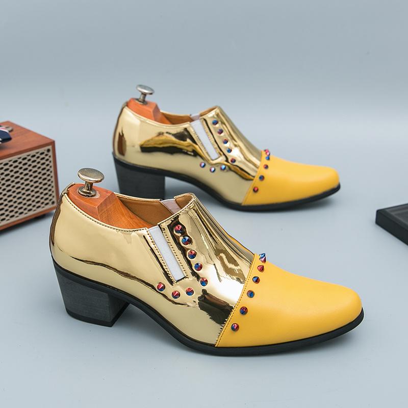 Gold Luxury Men's Dress Shoes British Pointed Toe High Heel Shoes Men Formal Shoes Rivet Designer Genuine Leather Shoes For Men