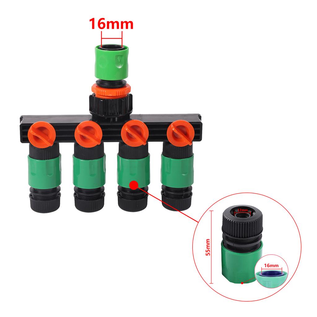 4-Way Independent Valve Hose Splitter DN16mm Inlet 1/2" Pipe 4/7mm Outlet Water Switch Garden Greenhouse Irrigation Fitting 1set