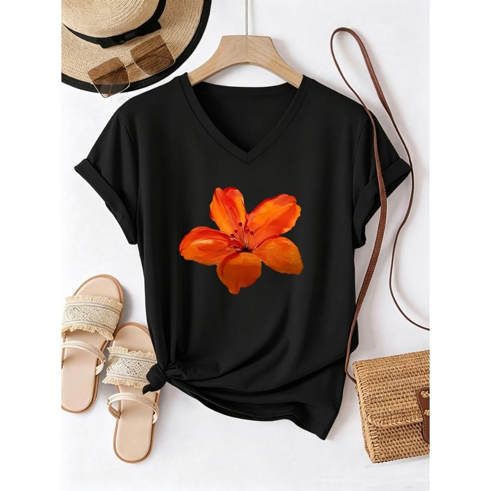 Retri Flower T-shirt V Neck Casual Fashion Floral Printed T Shirts Women Short Sleeve Tee Shirt V-Neck Graphic Tee