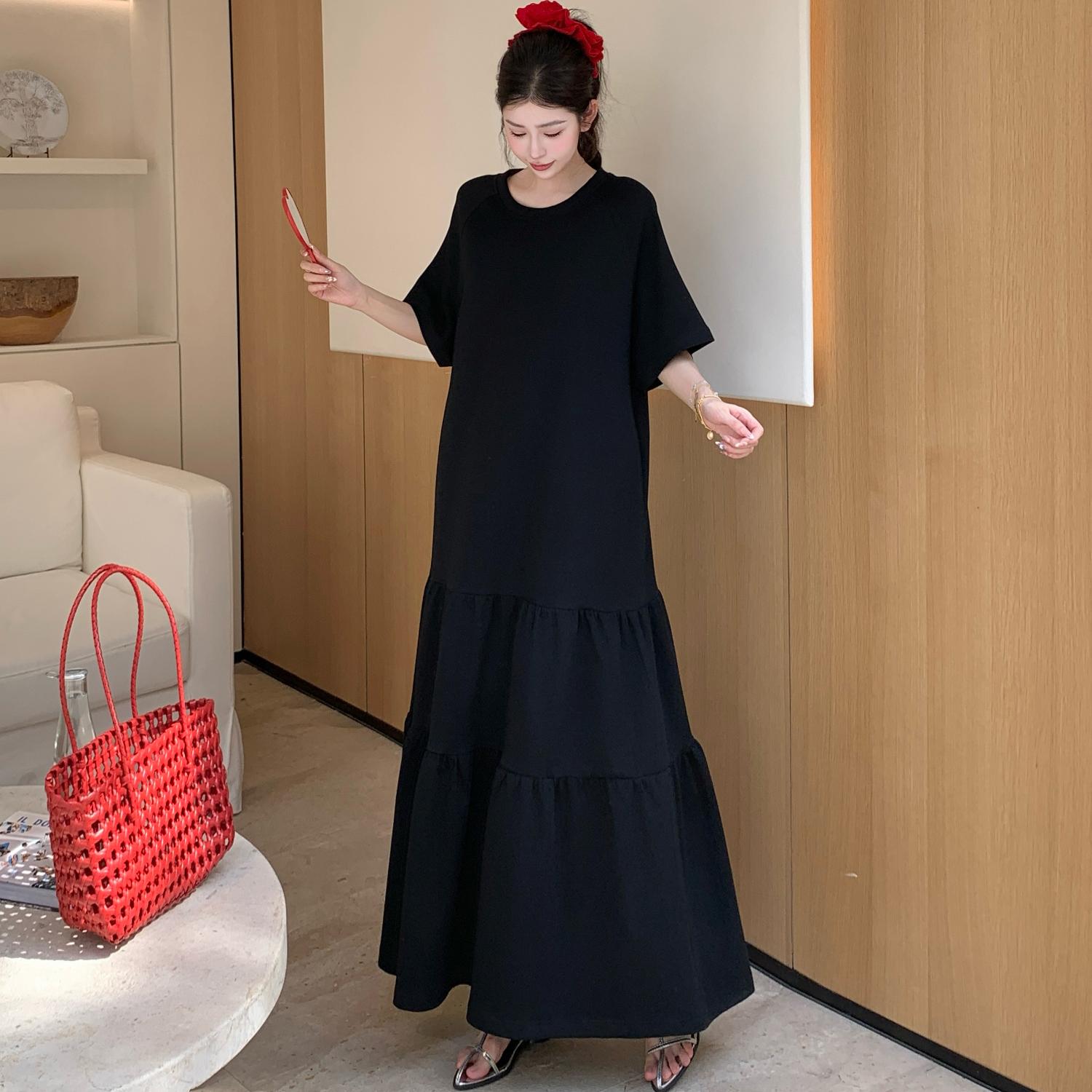 

DIMANAF 2025 Summer Plus Size Dress Women Casual Black Vintage Dress O-Neck Basic Long Loose Dress 4XL чёрный
