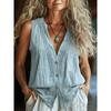 Canotta casual da donna con scollo a V, senza maniche, in misto lino, con bordi in pizzo e bottoni