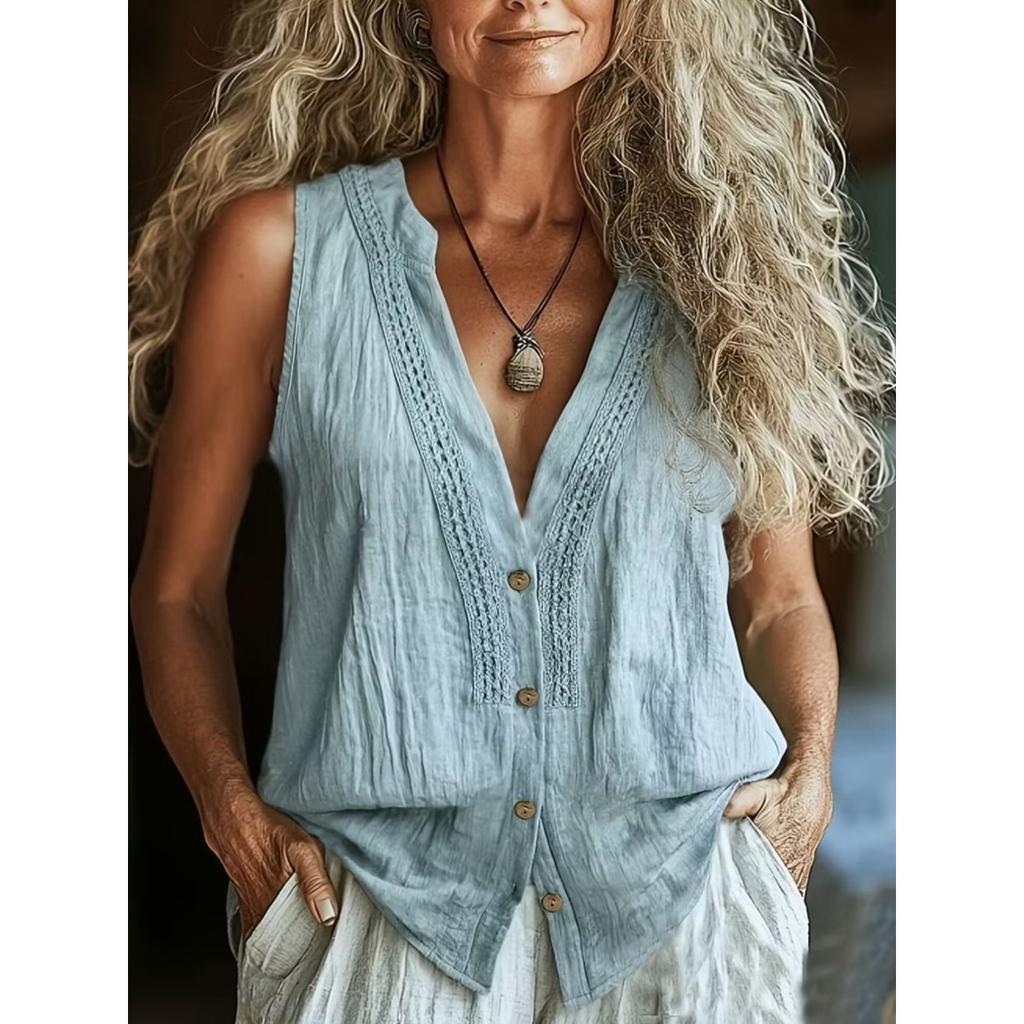 Canotta casual da donna con scollo a V, senza maniche, in misto lino, con bordi in pizzo e bottoni