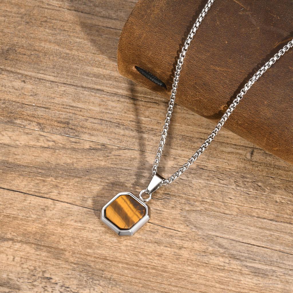 Stainless Steel Rectangle Natural Stone Pendant Necklaces, Minimalist Dainty Chain Necklace, Luxury Fashion Jewelry For Men Gift