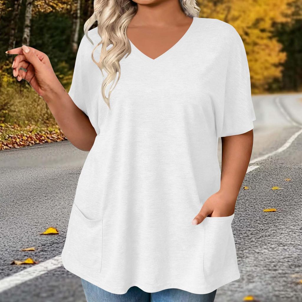 Stylish Women's Color V-neck Pocket Casual Versatile Fashion T-shirt Top