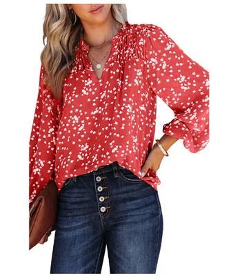 Women Floral Print Ruffled Neck Long Sleeve Blouse Casual Loose Fit V Notch Top