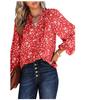 Women Floral Print Ruffled Neck Long Sleeve Blouse Casual Loose Fit V Notch Top