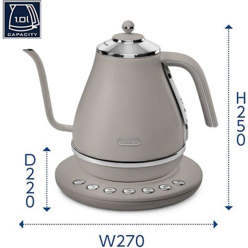 Czajnik elektryczny De'Longhi Icona KBOE1230J-BG z regulacją temperatury, stal nierdzewna, ręczny, 1,0 l, jedno naciśnięcie, 5 ustawień temperatury, 20 minut