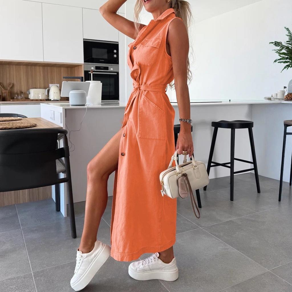 Ladies' Casual And Fashionable Sleeveless Waist Cinched Single Breasted Denim Dress