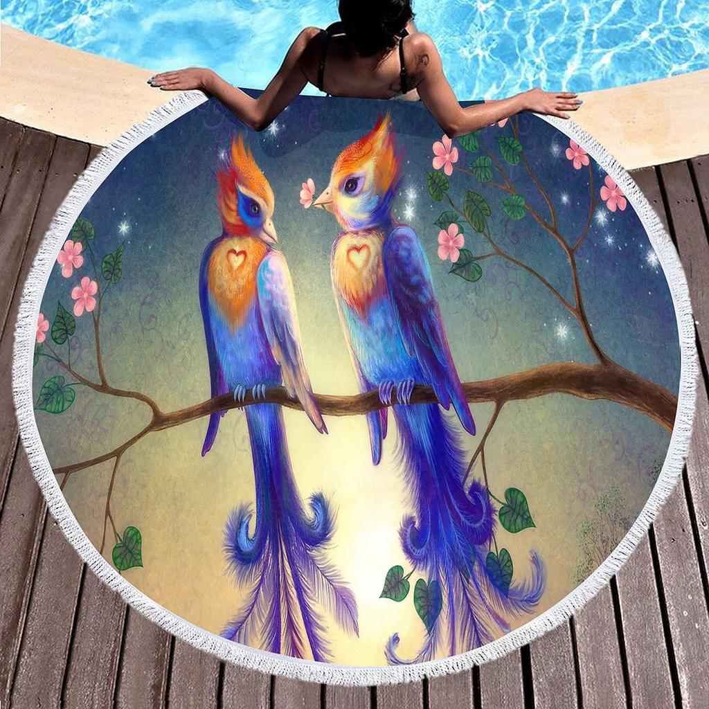Bird Flower Print Round Beach Towel Microfiber Circle Bath Towels Quick Dry Absorbent Pool Towels Sand Free Shawl Beach Blanket