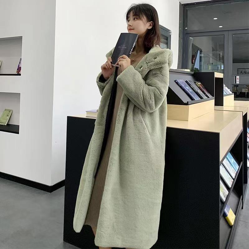 Autumn and Winter Thickened Imitation Rabbit Fur Long Hooded Loose Knee Jacket Women's Plush Coat Imitation Fur