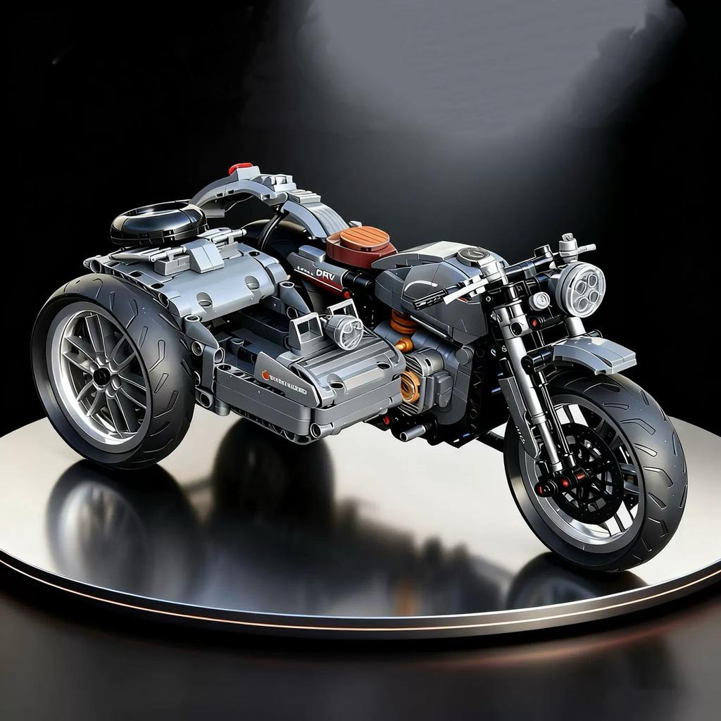 Seitenwagen-Motorrad Bausteine, Technic Retro Dreirad Modell, DIY Montage Steine, STEM Spielzeug für Sammler