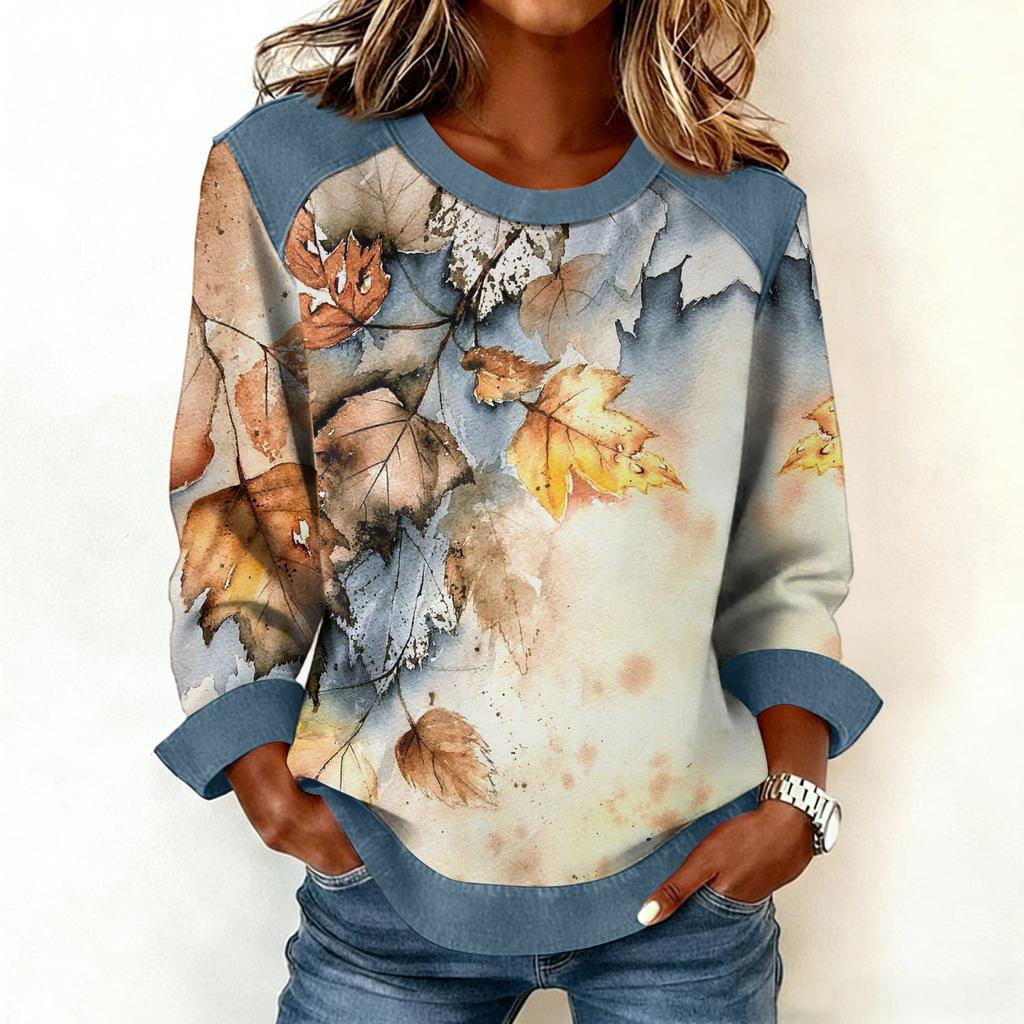 Dames sweatshirt met denim kraag en patchworkstiksels, casual trui met lange mouwen.