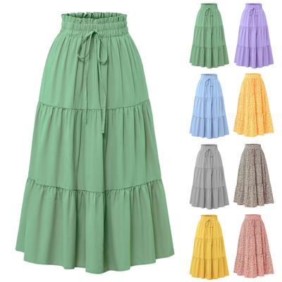 Damenmode, einfarbig, florale Spitze, elastische Taille, lockerer langer Rock