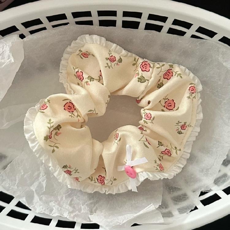 Lace Trimmed Floral Hair Scrunchy Hair Decors Stretchy Soft Fabric Ponytail Holder for Women Girls Various Hairstyles