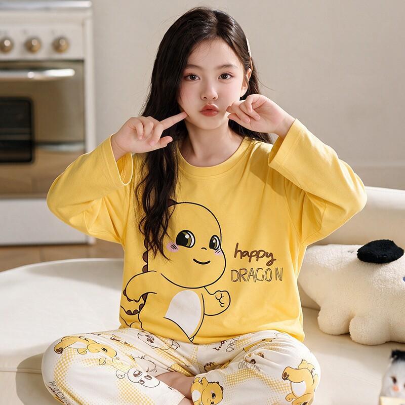 100% Cotton Girls Long Sleeve Pajamas Set Cartoon Print Round Neck Sleepwear Kids 8 Years