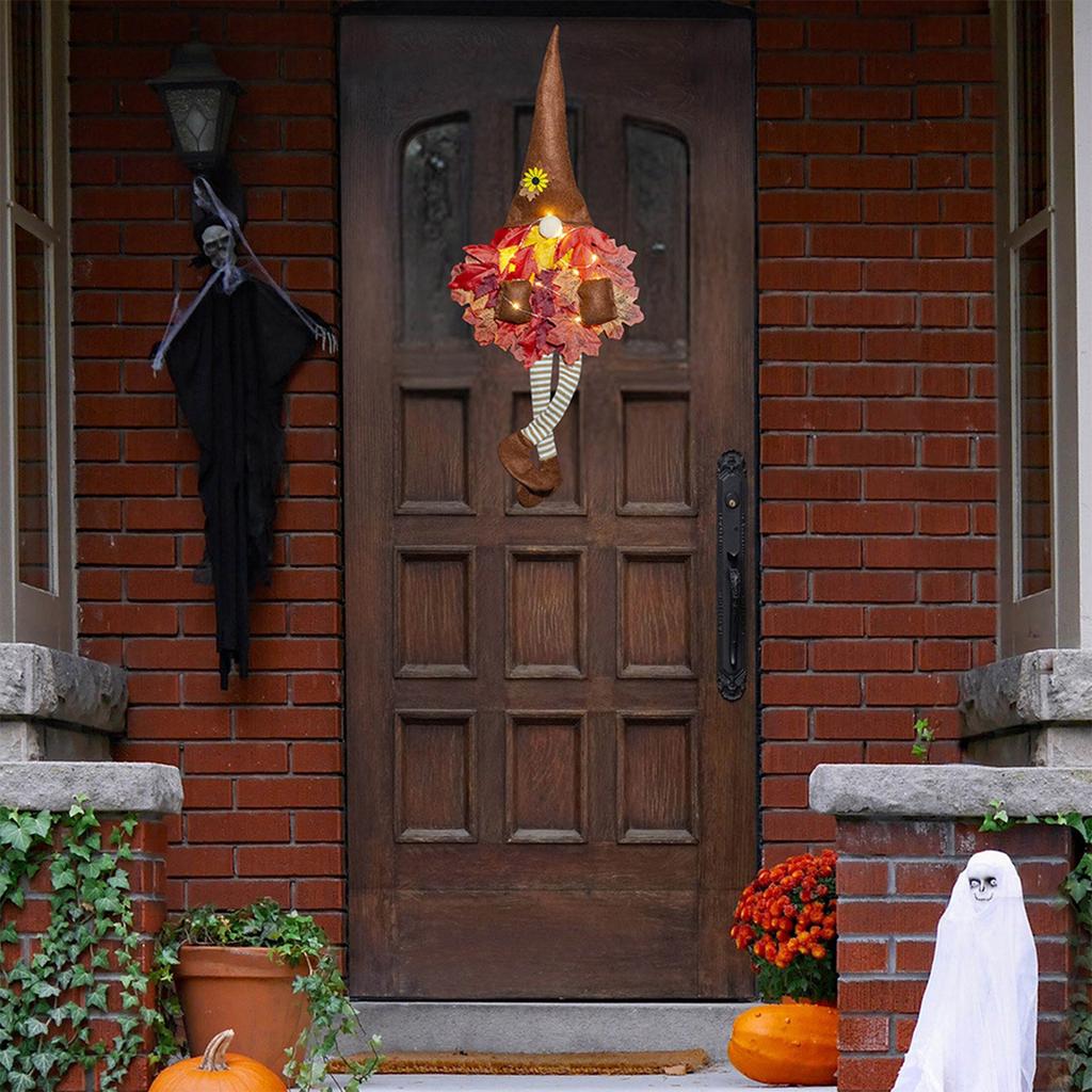 LED Fall Wreath Thanksgiving Long Leg Dwarf Wreaths Ornament With Maple Leaves Faceless Old Man Autumns Decorations For Front Door, Porch, Window