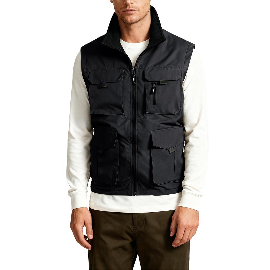 Men's Outdoor Cargo Vest Fishing Work Travel Photo Vests Zip Up Stand Collar Sleeveless Jacket With Pockets
