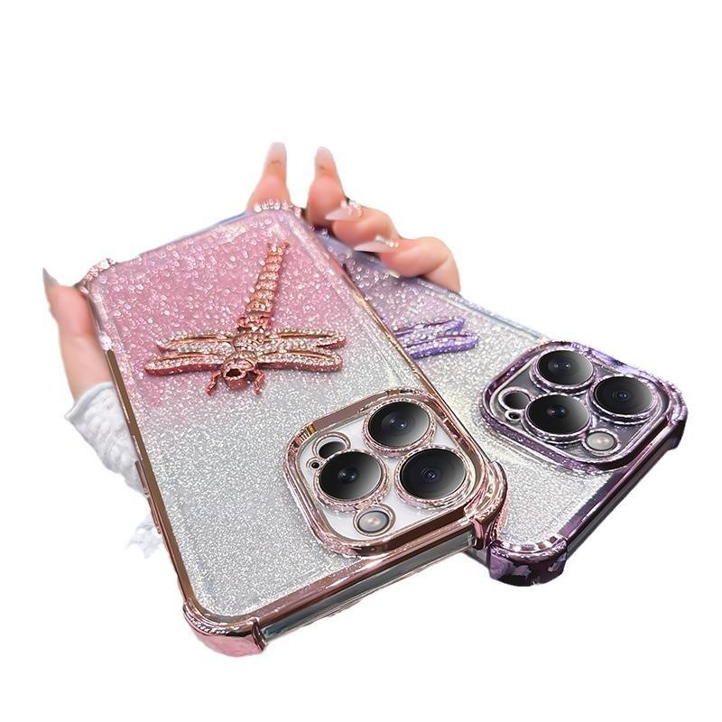 Applicable to Apple 17 Dragonfly bracket, mobile phone case, electroplated iPhone16 four-corner anti-drop i17Pro glitter protective case.