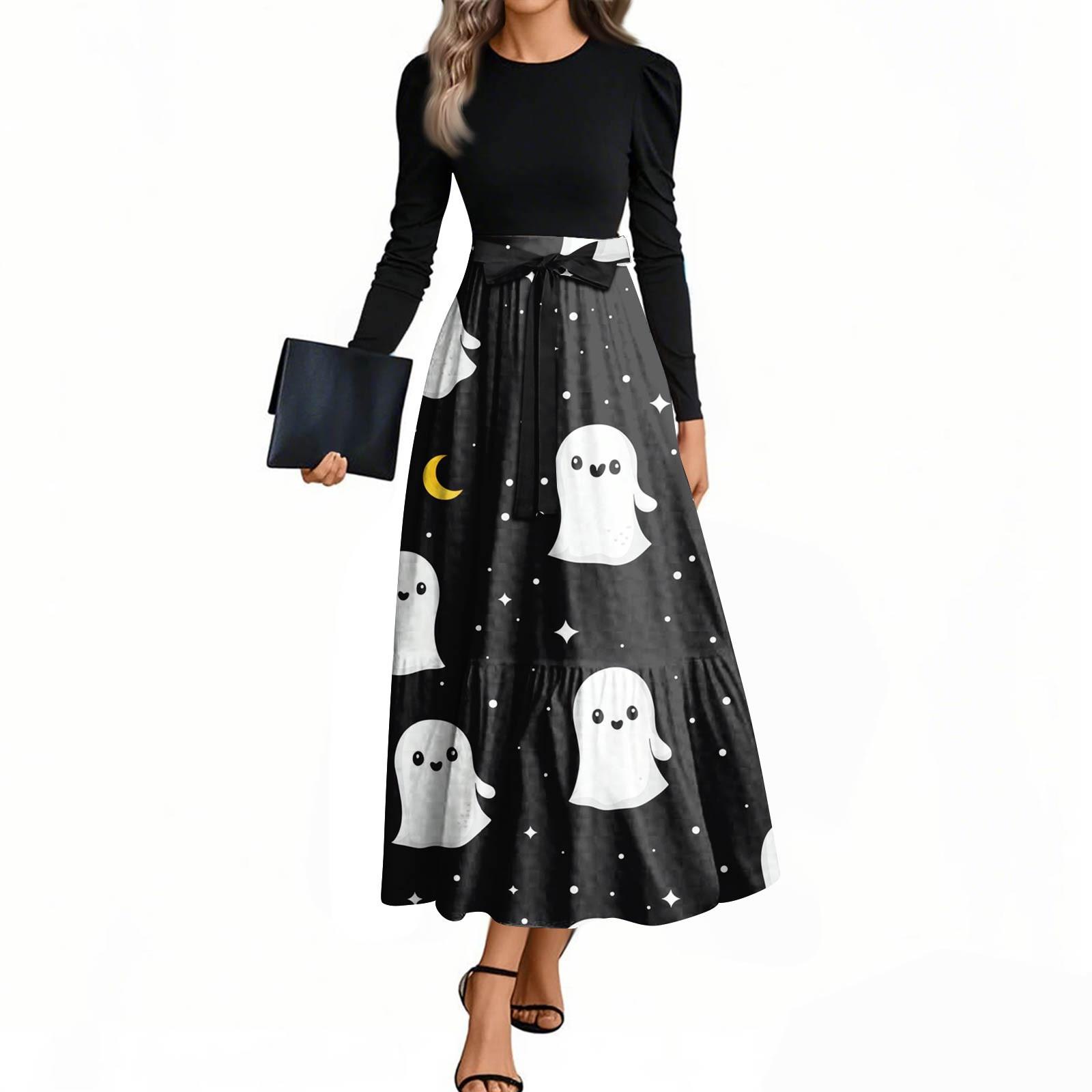 

Women s Fashion Casual Belted Long Sleeve Round Neck Halloween Printed Elegant Temperament Dresses XXL білий