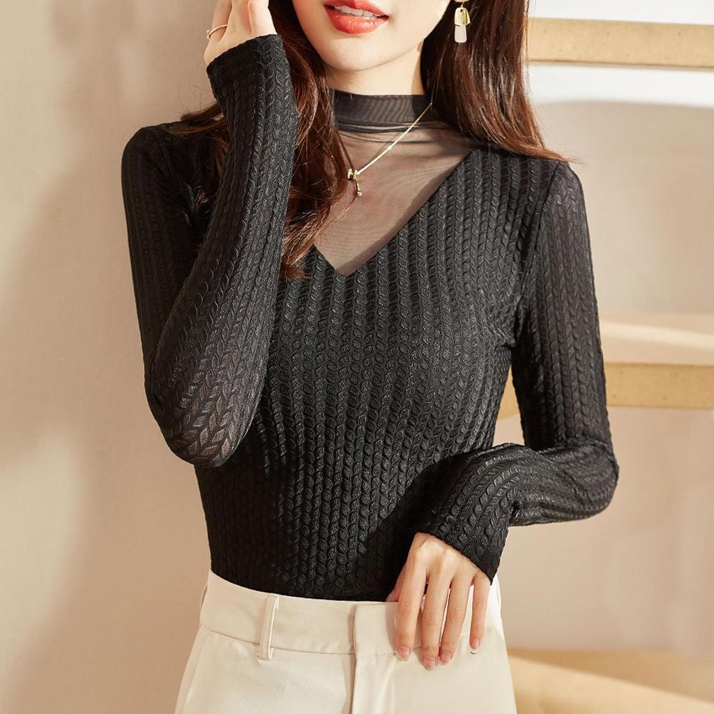 2023 Women's Autumn Long-Sleeve Lace Mesh Top with Half-High Collar