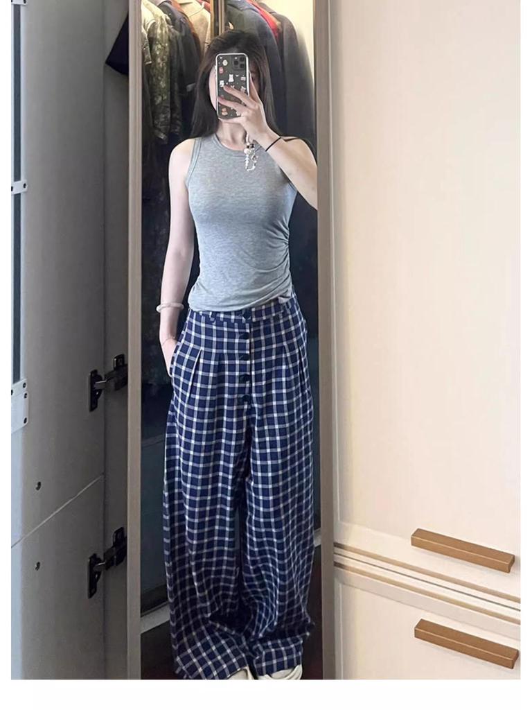 Women's High-Waist Blue Plaid Wide-Leg Trousers – Early Autumn 2024 Collection