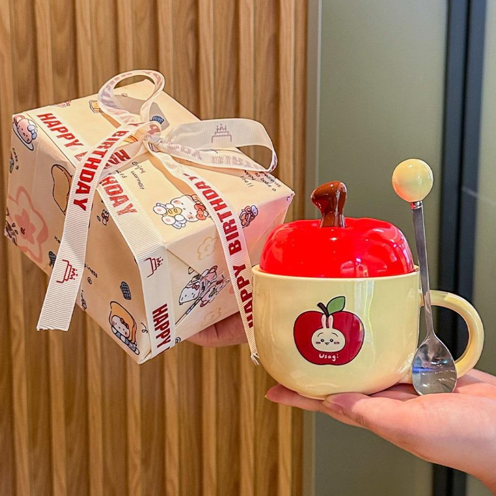Cute Apple High-value Cup Ceramic Mug with Lid Spoon Couple Home Coffee Cup Girl Birthday Gift
