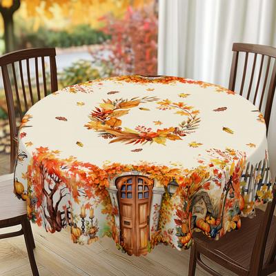 1 Piece Autum Collection Theme Round And Rectangular Tablecloth, Various Sizes, Pumpkin And Autum Fallen Leaf Print Pattern Decorative Tablecloth, Tha