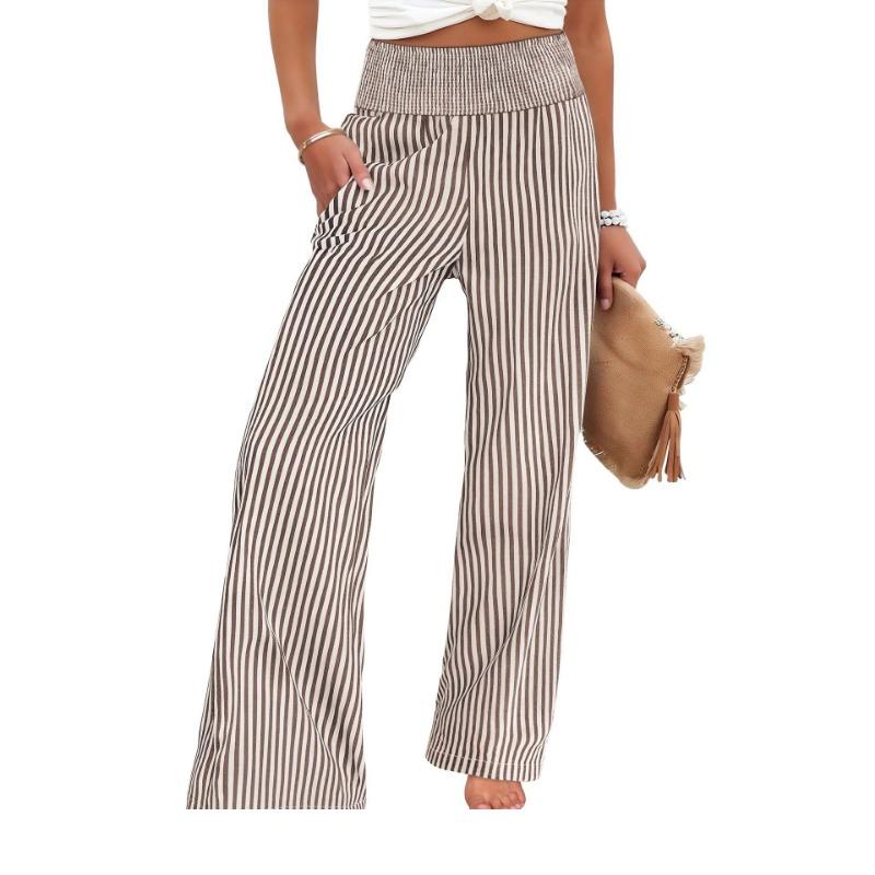 Vertical Stripe High Waist Wide Leg Pants Women's Loose Dose Casual Pants Lightweight Breathable Pocket Trousers