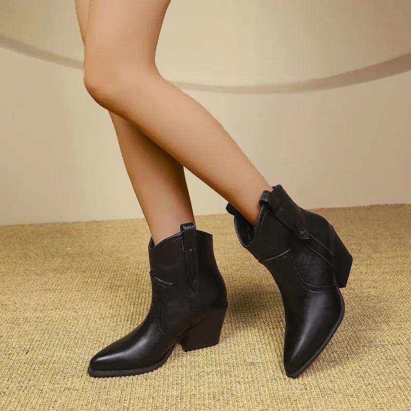 Women Ankle Boots Genuine Leather Autumn Winter Short Boots Thick Heels Pointed Toe Shoes Woman Mature Basic Office Lady