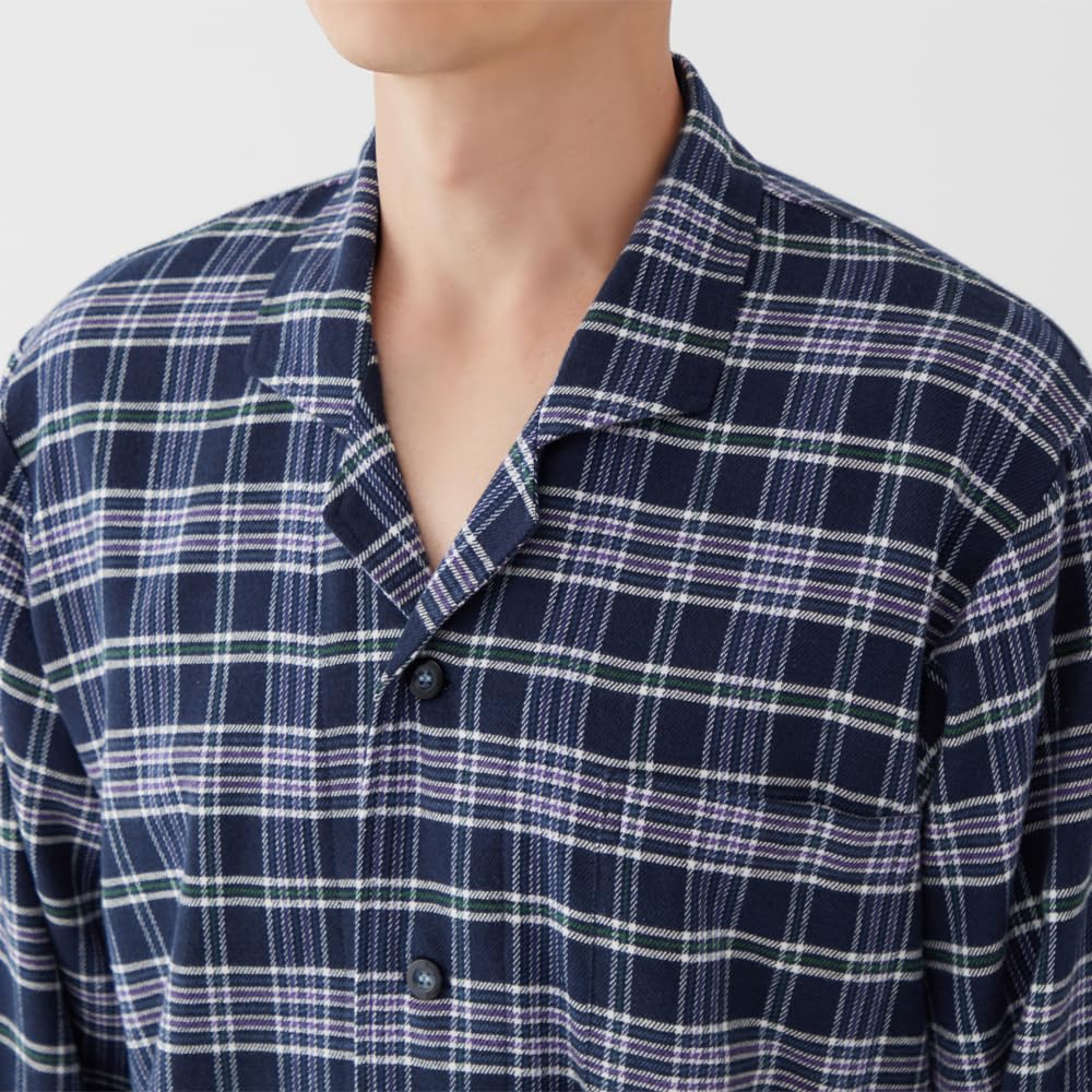 Gunze Nahtlose Seite Langarmhose Gefärbtes Marineblau Herrenpyjama, (Frontöffnung), 100% Baumwolle, Flanell, (SF4093)