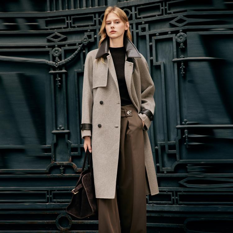ELLE French Style High-End Lapel Warm Mid-Length Double-Breasted Coat Women coats Khaki-Green EN49678