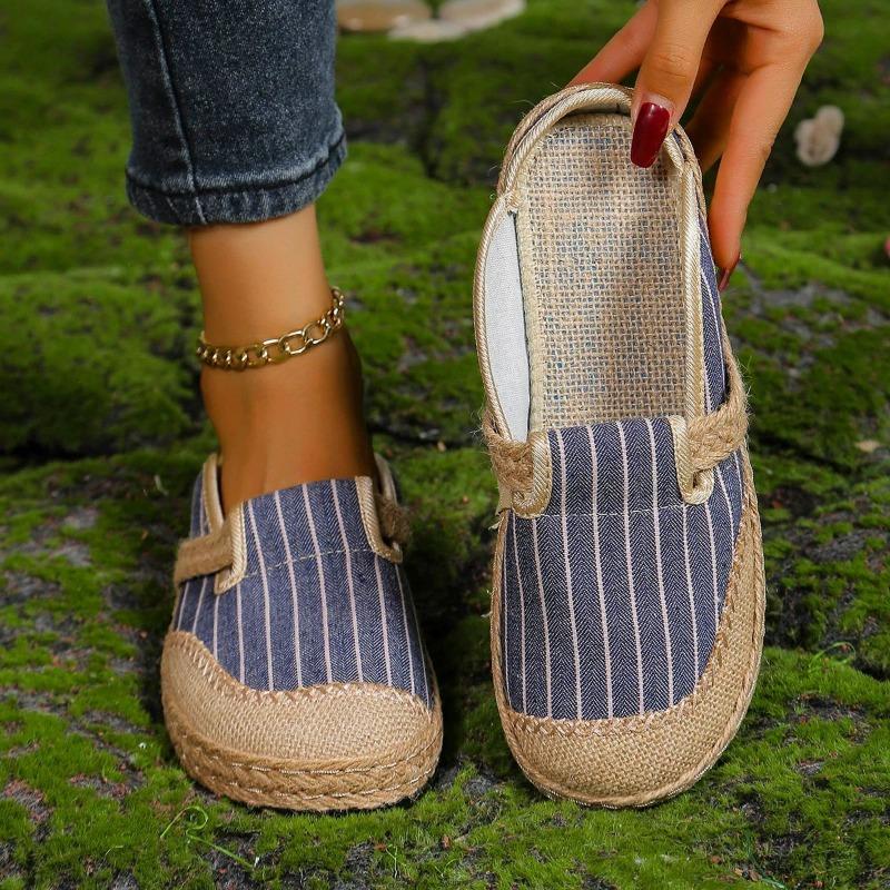 Chaussures d'été à enfiler pour femme, Espadrilles décontractées à bout rond style bohème en lin