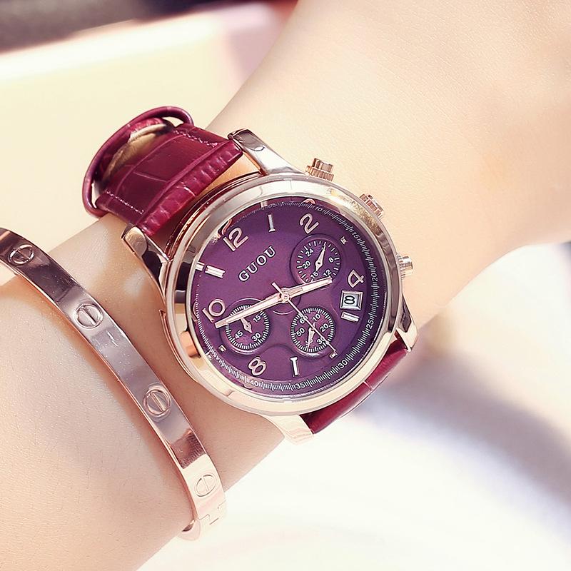 Genuine Leather Watch Casual Retro Fashion Three Eyes with Calendar Large Dial Fashion Women's Watch
