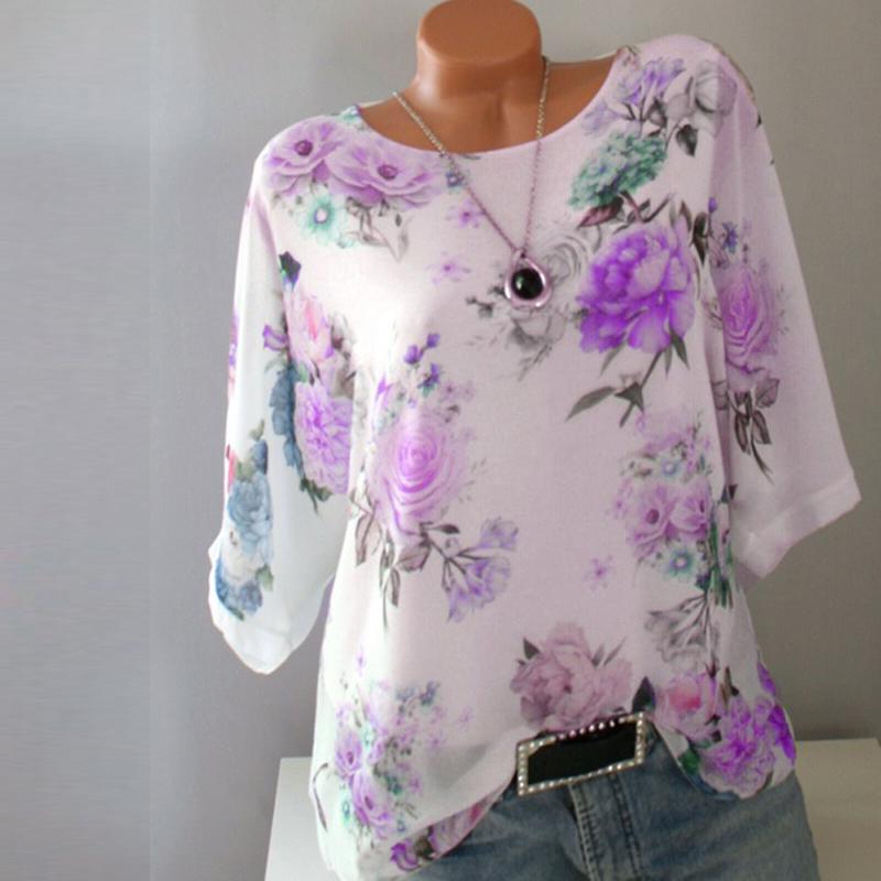 Fashion Women Round Neck Floral Print Loose Casual Chiffon Blouse Plus Size Shirts S-5XL