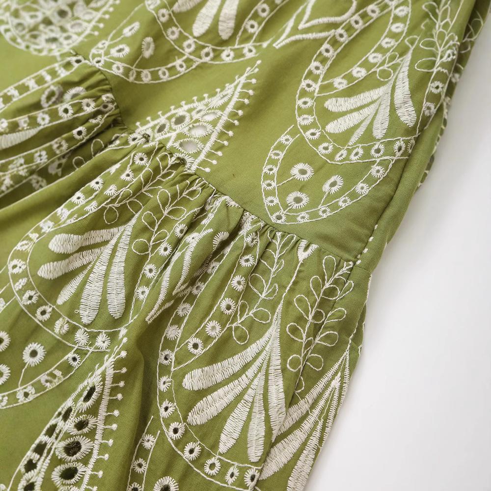 2025 Summer Women's European and American Style Hollow-out Embroidery Midi Dress with Spaghetti Straps