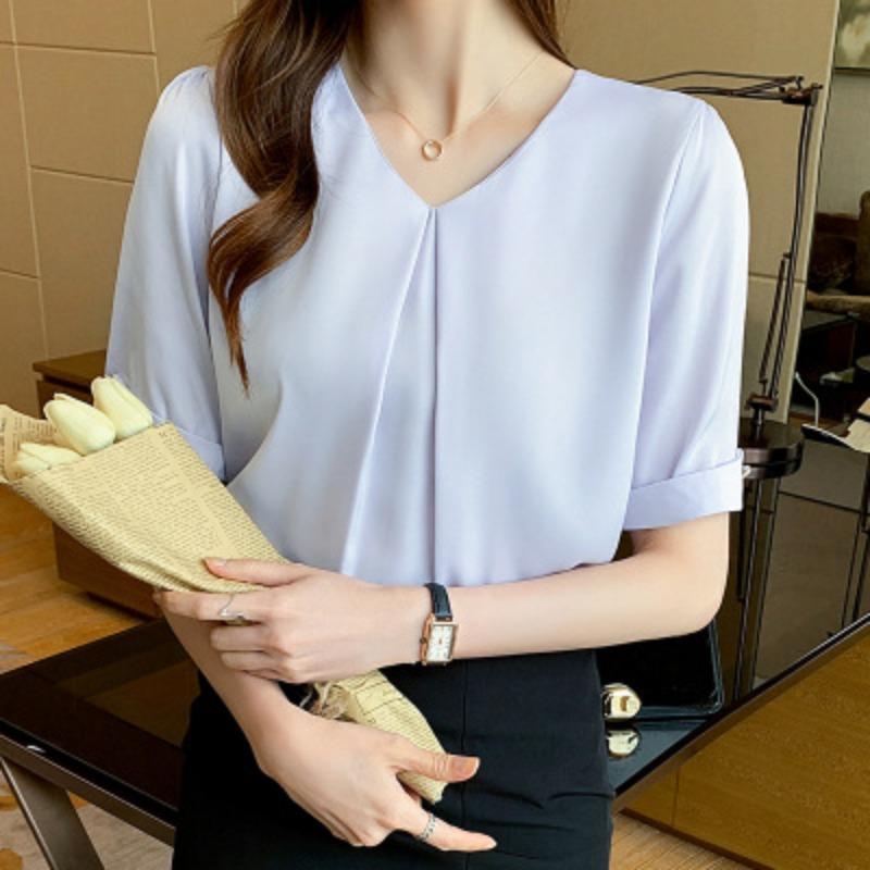 

Шифоновая летняя женская корейская блузка с коротким рукавом, модная однотонная плиссированная рубашка с V-образным вырезом 2XL синий