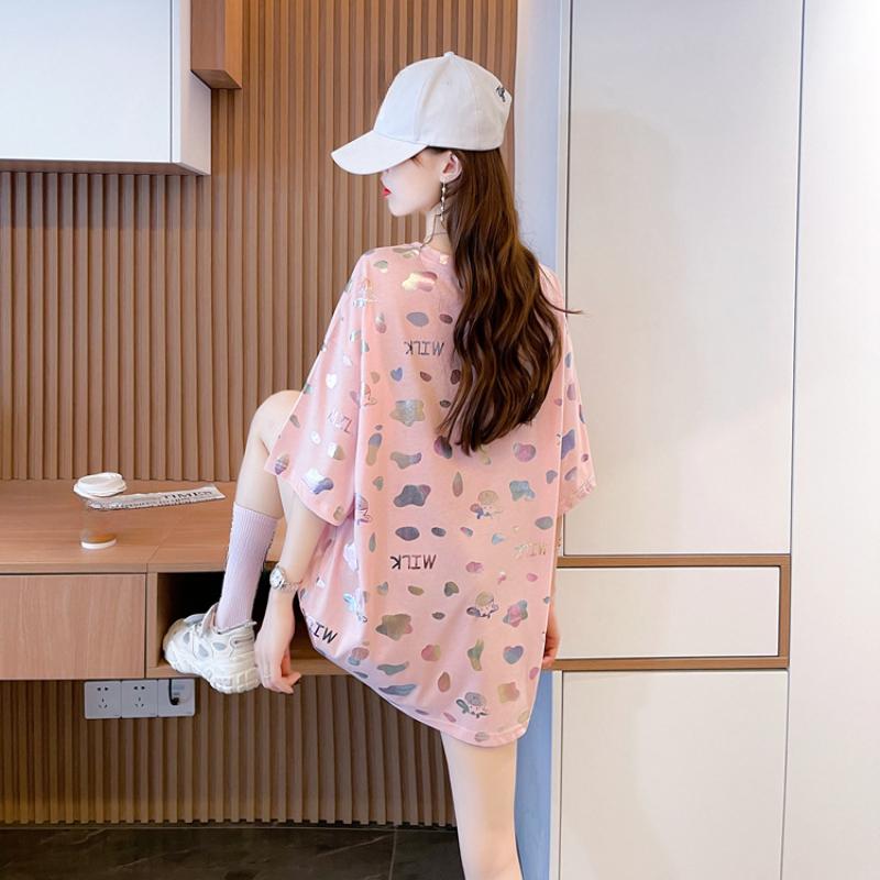 Summer Bronzing Colorful Short-sleeved T-shirt Women's Casual Round Neck Top Mid-length Plus Size Women's Clothing