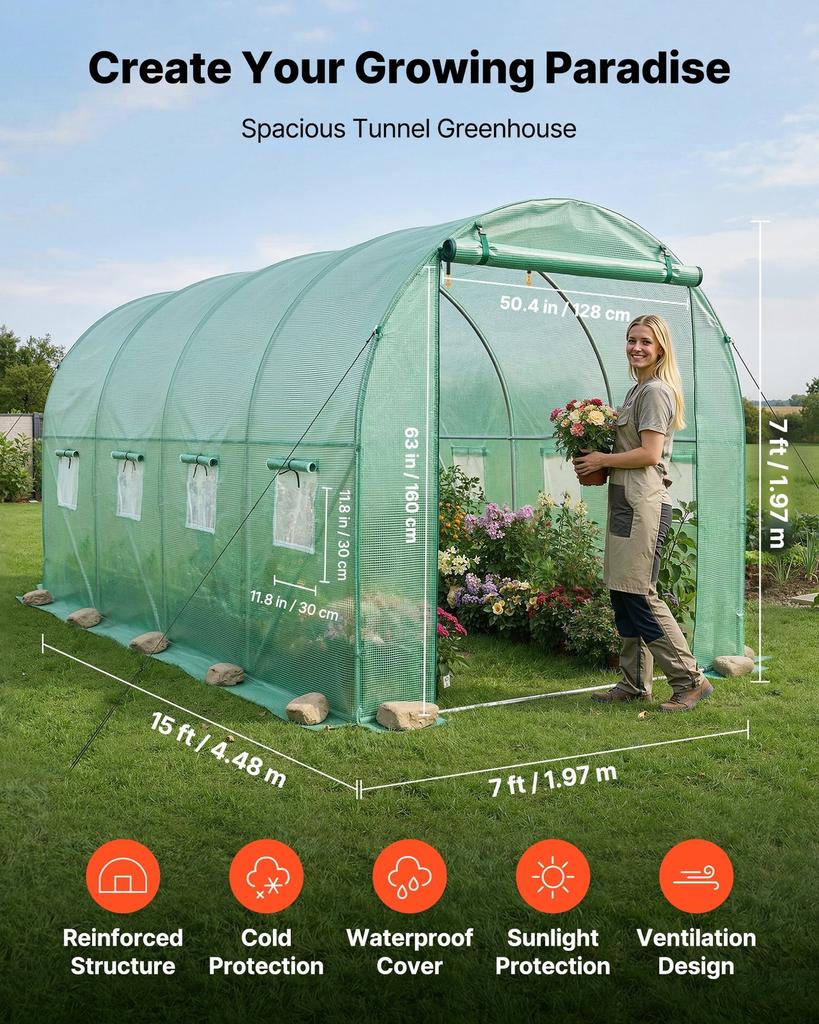 Walk-in Tunnel Greenhouse, 4.48x1.97x1.97 M Hoop House Greenhouse Tunnel with Watering System, Plant Hot House with Steel Frame, PE Cover, Roll-Up