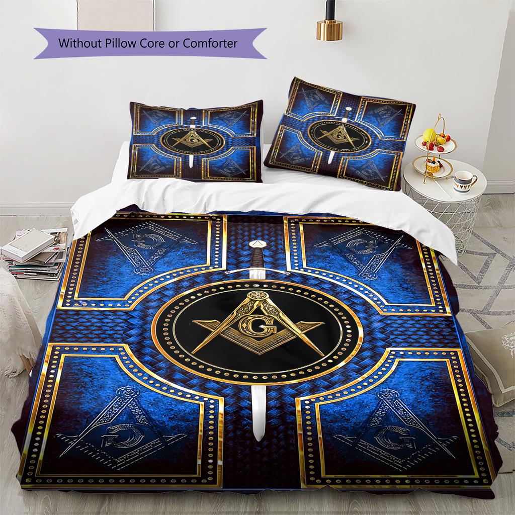 Masonic Freemason Pattern Bedding Quilt Set Quilt Cover Pillowcase Home Decoration Birthday Gift (1 * duvet cover + 2 * pillowcase, without core)
