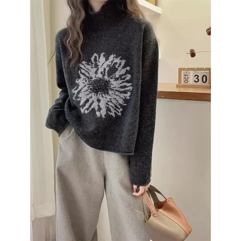 Women's European Retro High Neck Jacquard Sweater - Korean Style, Versatile, Loose Fit Knitwear