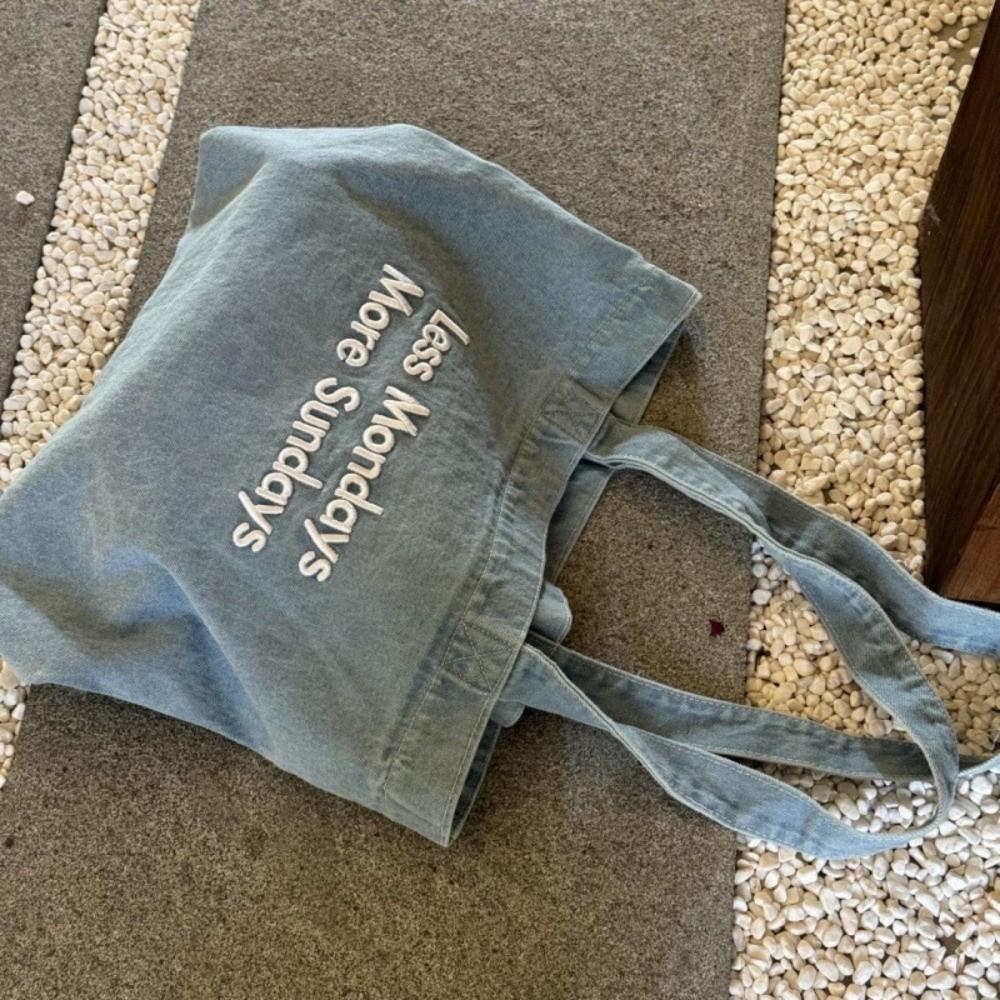 

Shoulder Bag Denim Canvas Bag Street Style Large Capacity Vintage Handbag Solid Color letter Embroidery Simple Tote Bag Girl