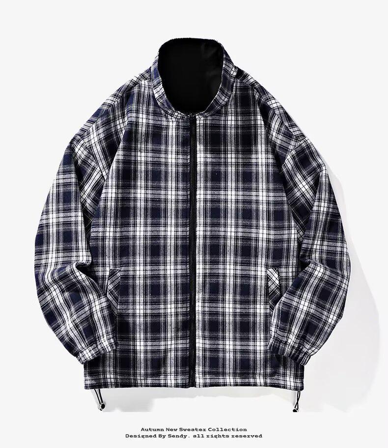 Men's Casual Double-Sided Plaid Patchwork Jacket - Stand Collar, Versatile Spring/Autumn Outerwear in American and Japanese Style