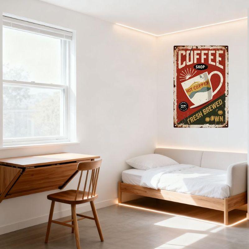 Vintage Coffee Shop Metal Tin Sign, Red Background with Coffee Cup & Sunburst, 'COFFEE SHOP' Text, Premium Quality Badge, Distre