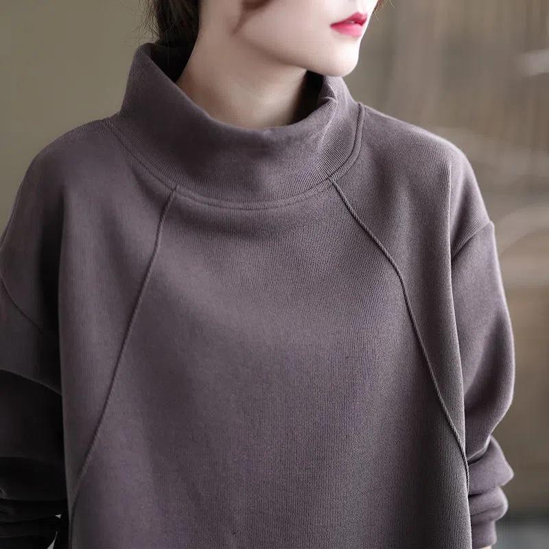 Women's Solid Color Fleece Lined Half High Neck Sweatshirt Oversized Long Sleeve Pullover Casual Warm Top