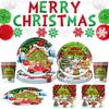 Christmas Themed Party Decor Banners Tablecloths Paper Plates Cups Balloons Set Checkered Christmas Santa Claus Reindeer Snowmen